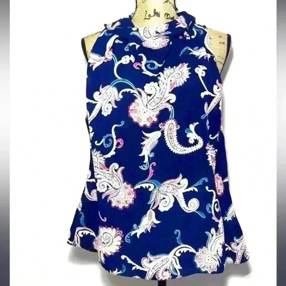 Laundry Shelly Segal Navy Paisley Loose Neck Sleeveless Top Blouse Size S - Picture 1 of 12